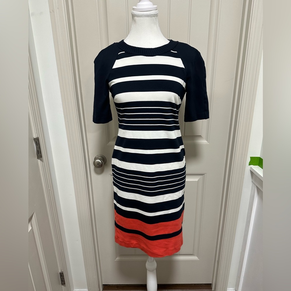 Michael Kors Black and White Striped Dress with Red Hem